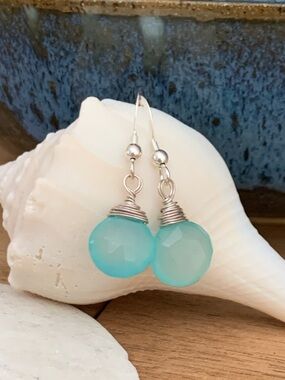 Sterling Silver Aqua Faceted Glass Drop Earrings - Women's Jewelry